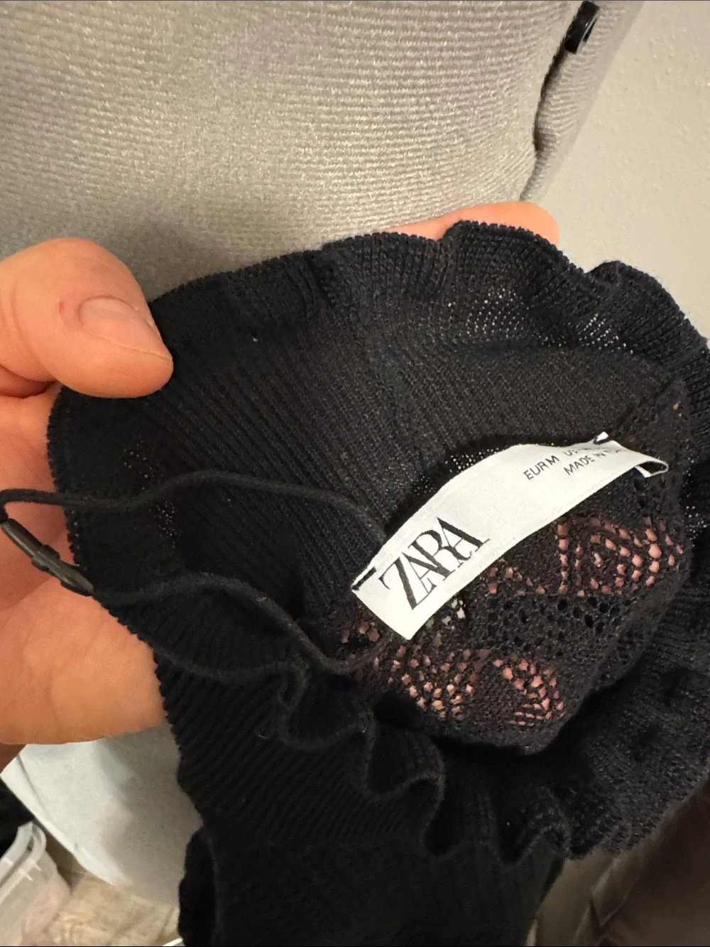 Zara Black Lace Knit Mock Ruffle Neck Long Sleeve Top